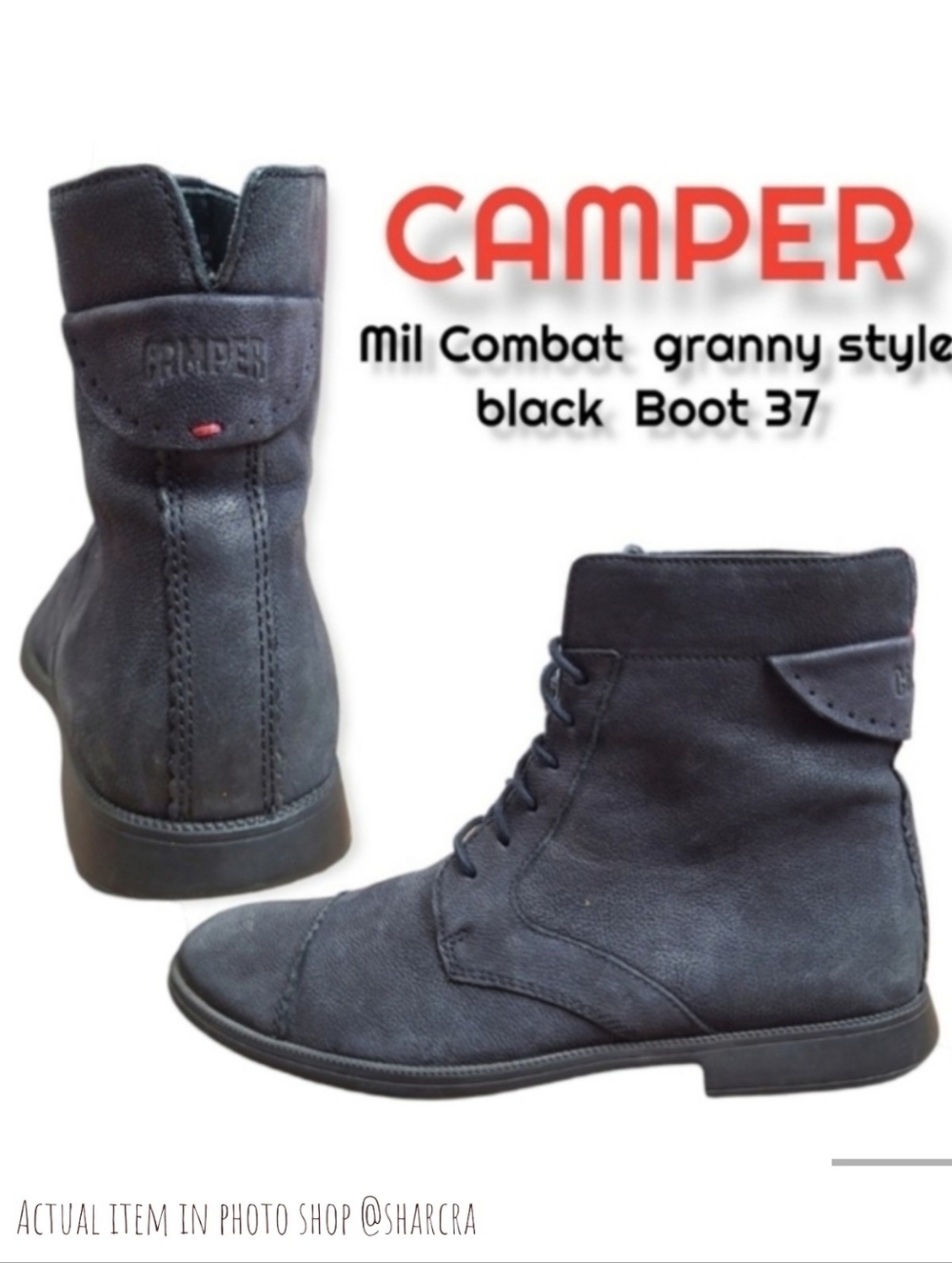 Camper Women's Mil Combat Boot Black leather Lace-up boots ankle granny EU 37 7